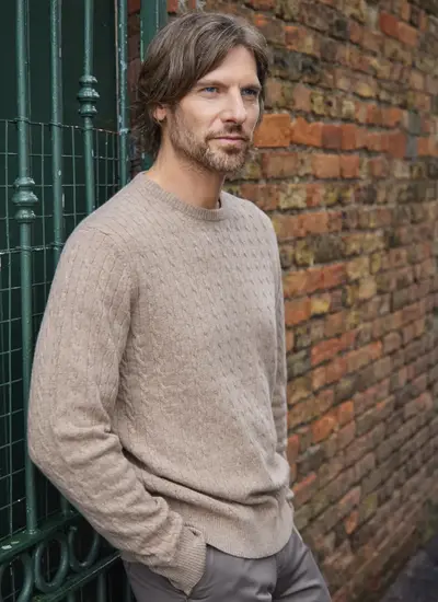  Cable Merino Patch Sweater in Stone